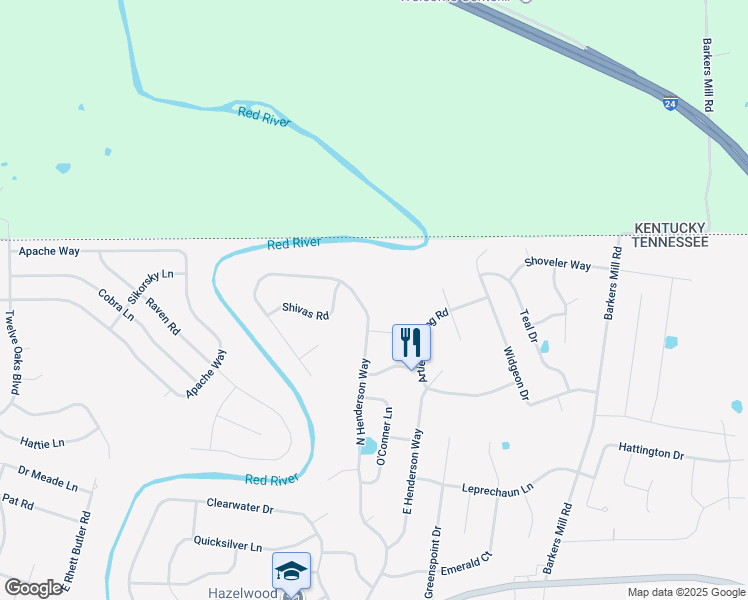 map of restaurants, bars, coffee shops, grocery stores, and more near 3381 North Henderson Way in Clarksville