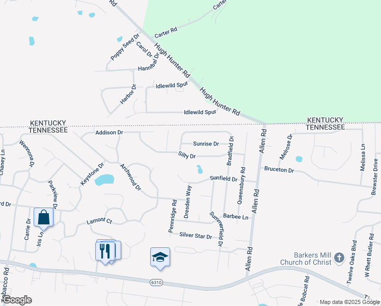 map of restaurants, bars, coffee shops, grocery stores, and more near 969 Silty Drive in Clarksville