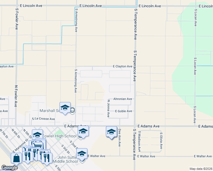 map of restaurants, bars, coffee shops, grocery stores, and more near 355 North Jonna Avenue in Fowler