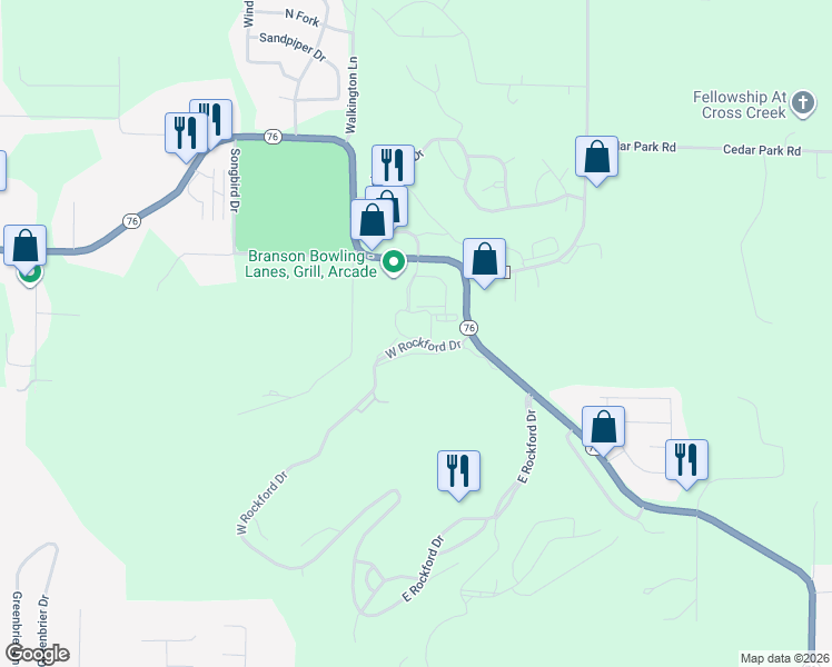 map of restaurants, bars, coffee shops, grocery stores, and more near 747 Crown Court in Branson