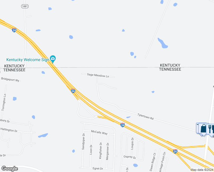 map of restaurants, bars, coffee shops, grocery stores, and more near Spring Water Drive in Clarksville
