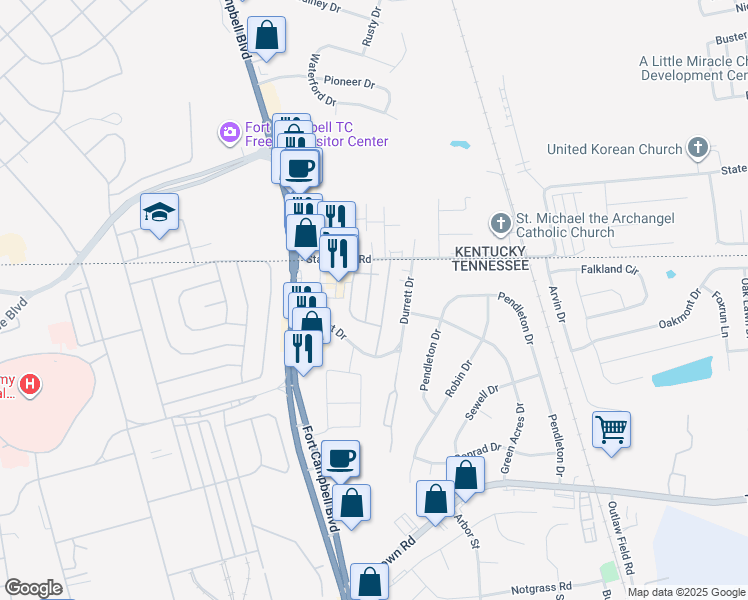 map of restaurants, bars, coffee shops, grocery stores, and more near 55 Durrett Drive in Clarksville
