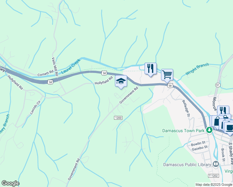 map of restaurants, bars, coffee shops, grocery stores, and more near 32101 Government Road in Damascus