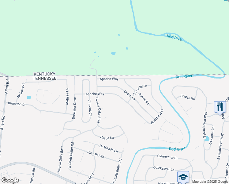 map of restaurants, bars, coffee shops, grocery stores, and more near 1520 Apache Way in Clarksville