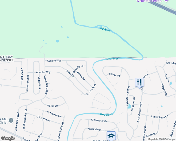 map of restaurants, bars, coffee shops, grocery stores, and more near 1728 Apache Way in Clarksville