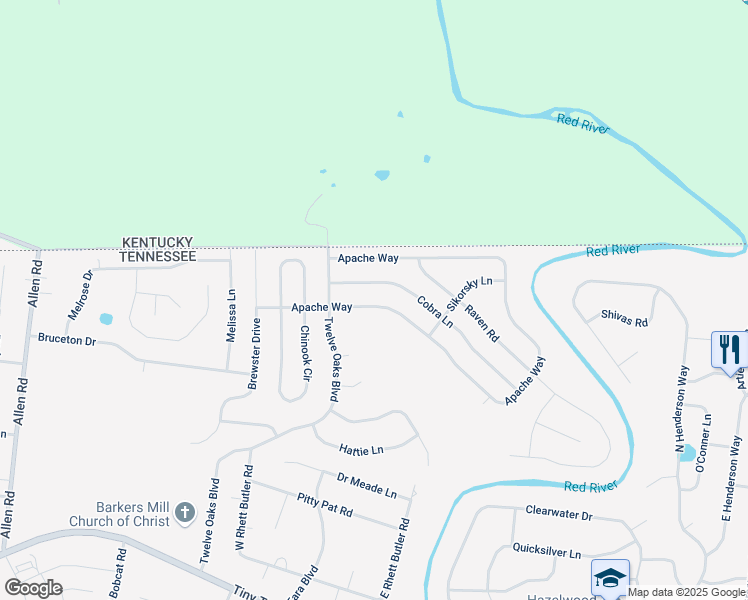 map of restaurants, bars, coffee shops, grocery stores, and more near 1520 Apache Way in Clarksville