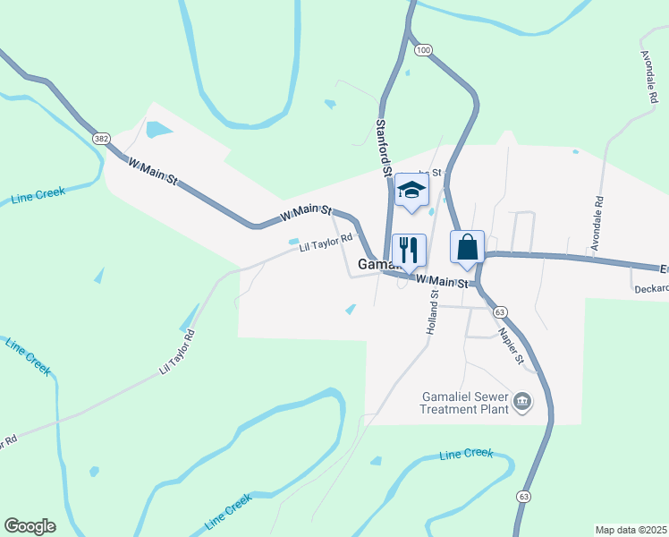 map of restaurants, bars, coffee shops, grocery stores, and more near 148 Rhodes Street in Gamaliel