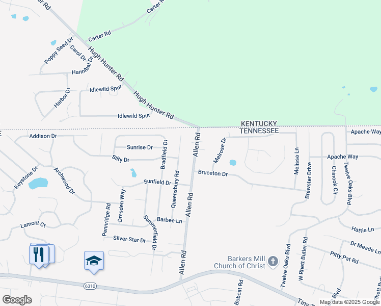 map of restaurants, bars, coffee shops, grocery stores, and more near 3426 Allen Road in Clarksville
