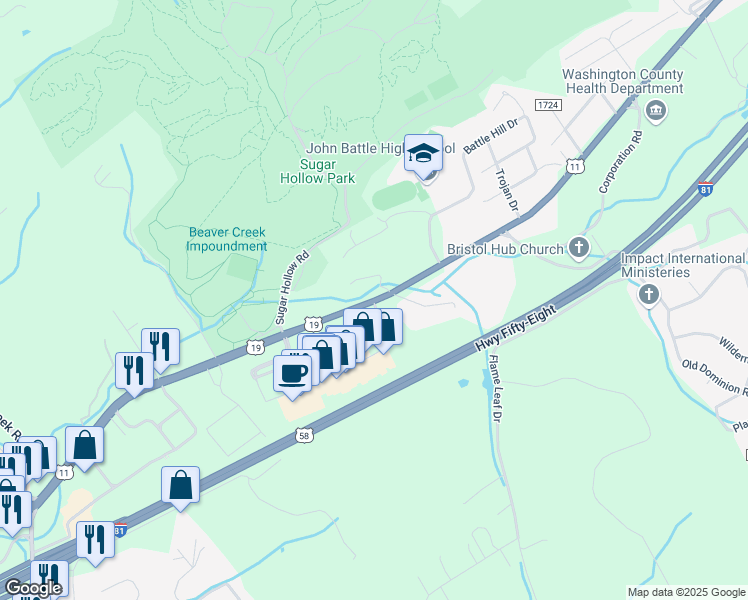 map of restaurants, bars, coffee shops, grocery stores, and more near E Highlands Blvd in Bristol