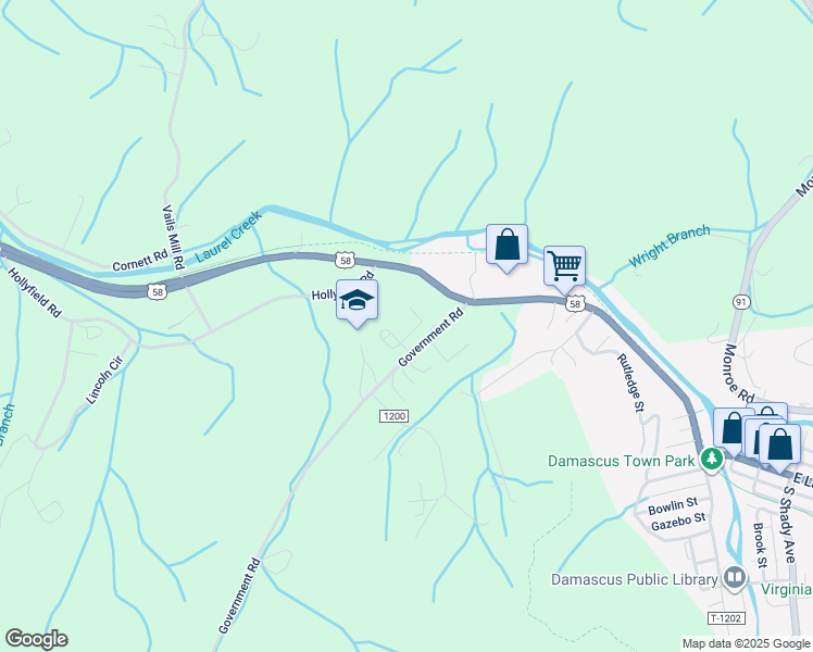map of restaurants, bars, coffee shops, grocery stores, and more near 32101 Government Road in Damascus
