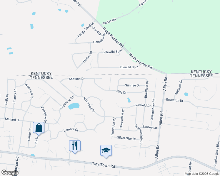 map of restaurants, bars, coffee shops, grocery stores, and more near 974 Silty Drive in Clarksville