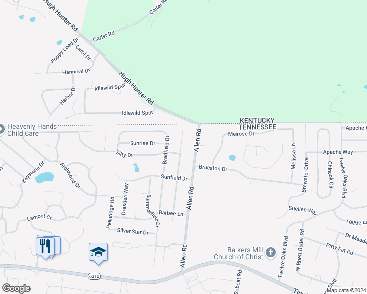 map of restaurants, bars, coffee shops, grocery stores, and more near 3429 Queensbury Road in Clarksville