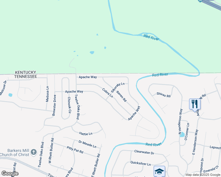 map of restaurants, bars, coffee shops, grocery stores, and more near 3496 Sikorsky Lane in Clarksville
