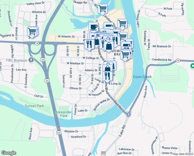 map of restaurants, bars, coffee shops, grocery stores, and more near 209 McFarland Street in Branson