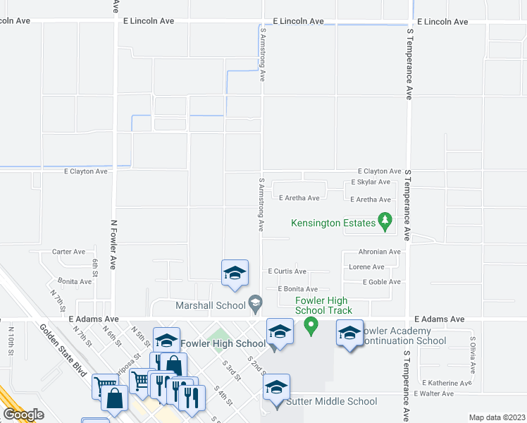 map of restaurants, bars, coffee shops, grocery stores, and more near 6660 South Armstrong Avenue in Fowler