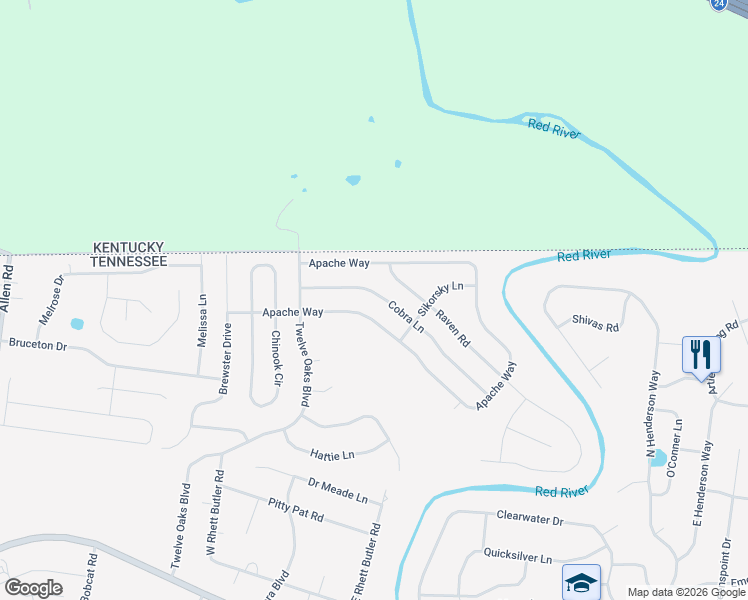 map of restaurants, bars, coffee shops, grocery stores, and more near 1479 Cobra Lane in Clarksville