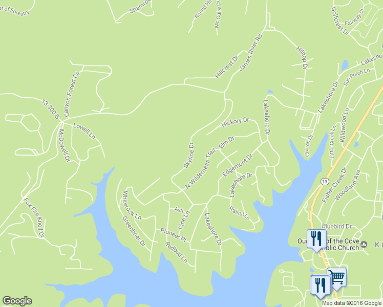 map of restaurants, bars, coffee shops, grocery stores, and more near 38 Skyline Drive in Kimberling City