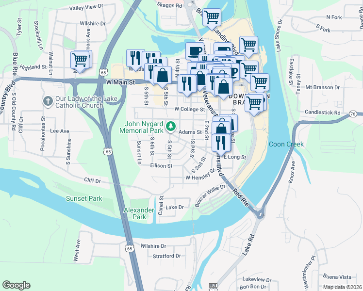 map of restaurants, bars, coffee shops, grocery stores, and more near 703 Brown Street in Branson