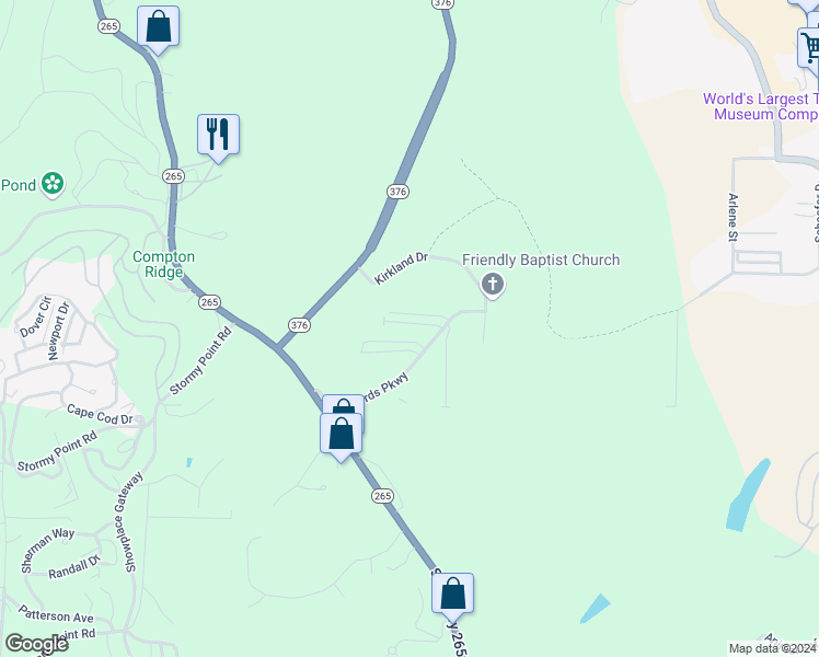 map of restaurants, bars, coffee shops, grocery stores, and more near 2954 Vineyards Parkway in Branson