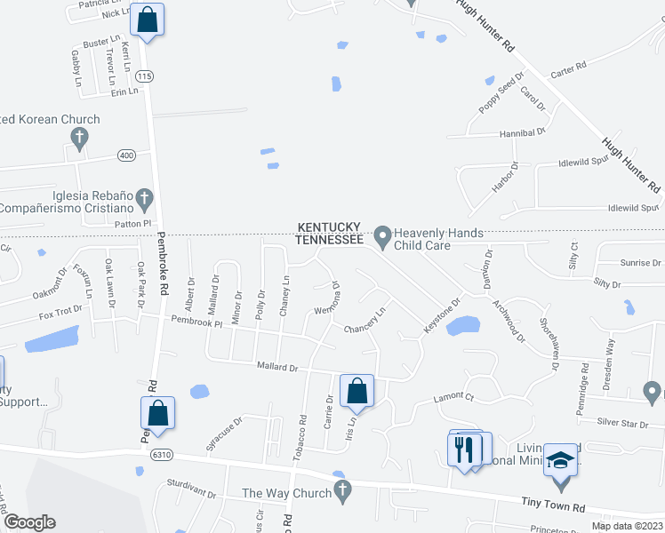 map of restaurants, bars, coffee shops, grocery stores, and more near 1329 Wennona Drive in Clarksville