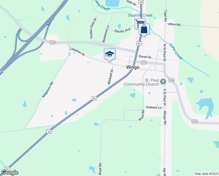 map of restaurants, bars, coffee shops, grocery stores, and more near 10089 U.S. 45 in Wingo