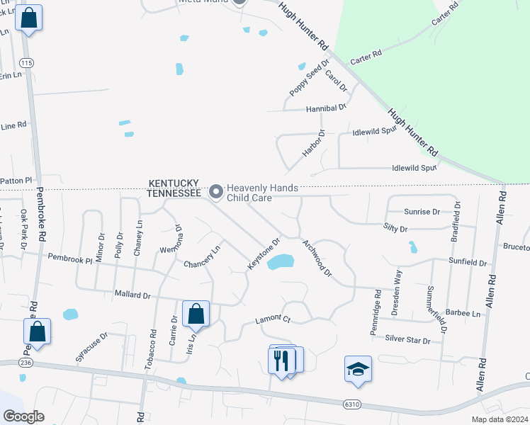 map of restaurants, bars, coffee shops, grocery stores, and more near 1247 Archwood Drive in Clarksville