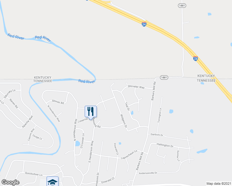 map of restaurants, bars, coffee shops, grocery stores, and more near 3564 Teal Drive in Clarksville