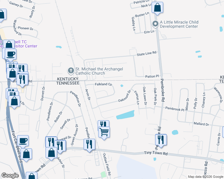map of restaurants, bars, coffee shops, grocery stores, and more near 546 Falkland Circle in Clarksville