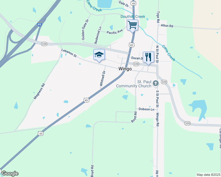 map of restaurants, bars, coffee shops, grocery stores, and more near 9831-10089 U.S. 45 in Wingo