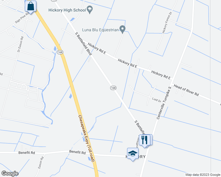 map of restaurants, bars, coffee shops, grocery stores, and more near 2342 South Battlefield Boulevard in Chesapeake