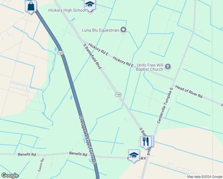 map of restaurants, bars, coffee shops, grocery stores, and more near 2342 South Battlefield Boulevard in Chesapeake