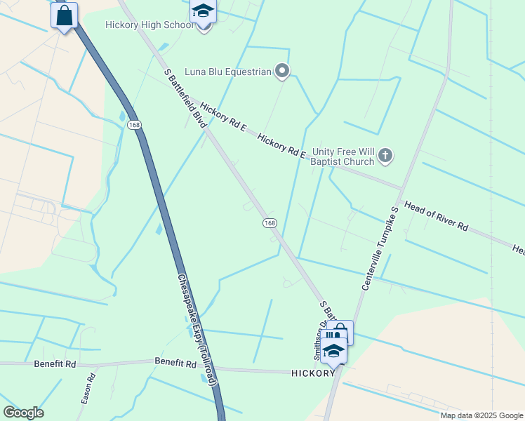 map of restaurants, bars, coffee shops, grocery stores, and more near 2345 South Battlefield Boulevard in Chesapeake