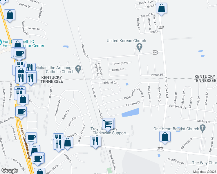 map of restaurants, bars, coffee shops, grocery stores, and more near 611 Fennec Way in Clarksville
