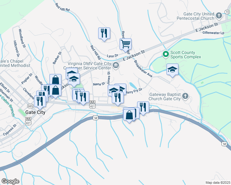 map of restaurants, bars, coffee shops, grocery stores, and more near 170 Harry Fry Drive in Gate City