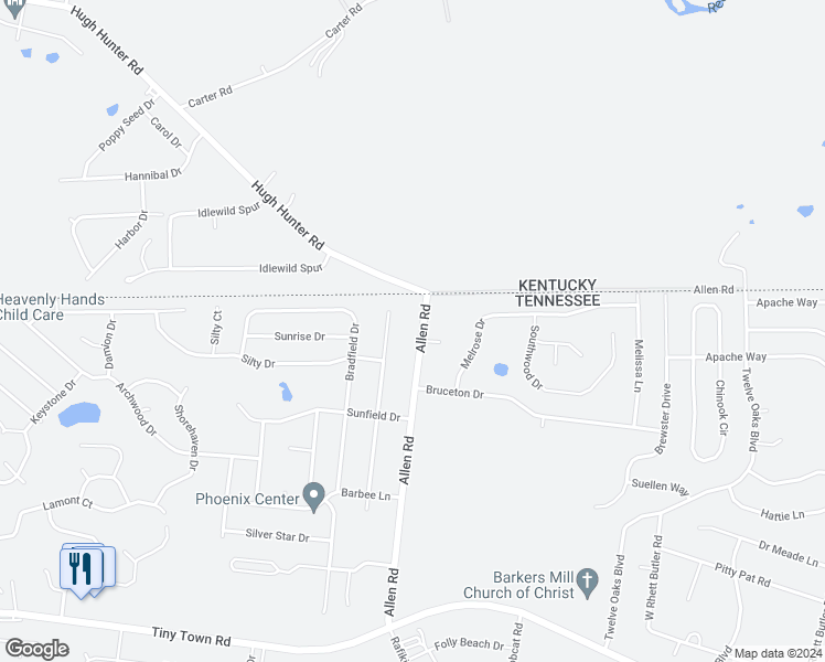 map of restaurants, bars, coffee shops, grocery stores, and more near 3432 Allen Road in Clarksville