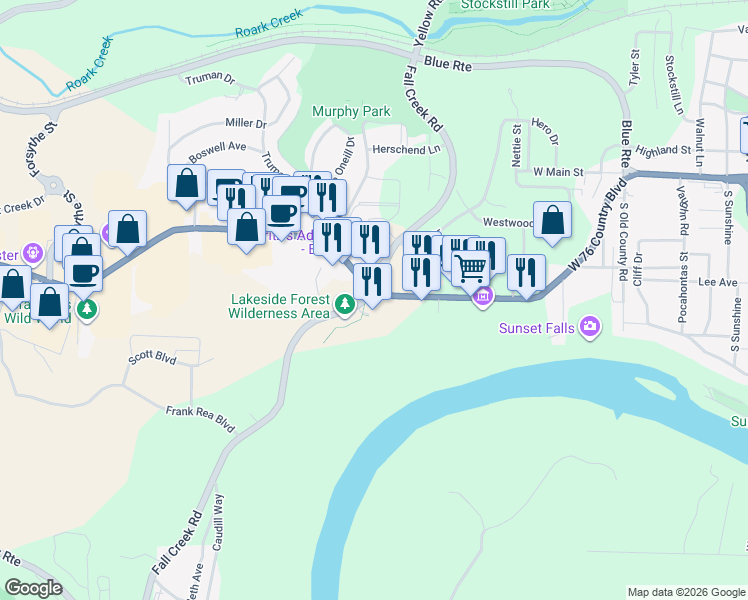 map of restaurants, bars, coffee shops, grocery stores, and more near 1425 State Highway 76 in Branson