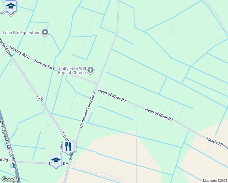 map of restaurants, bars, coffee shops, grocery stores, and more near 424 Head of River Road in Chesapeake