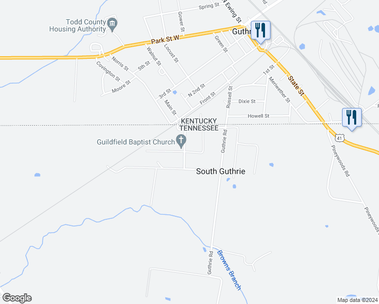 map of restaurants, bars, coffee shops, grocery stores, and more near 5175 Guildfield Church Road in Clarksville
