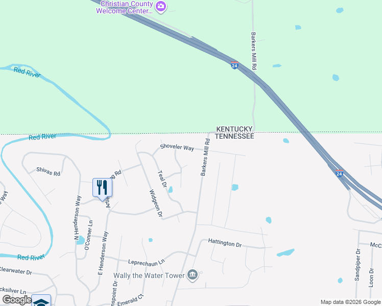 map of restaurants, bars, coffee shops, grocery stores, and more near 2412 Shoveler Way in Clarksville