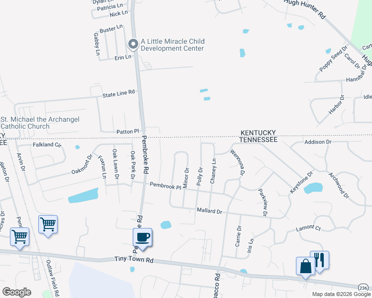 map of restaurants, bars, coffee shops, grocery stores, and more near 3425 Minor Drive in Clarksville