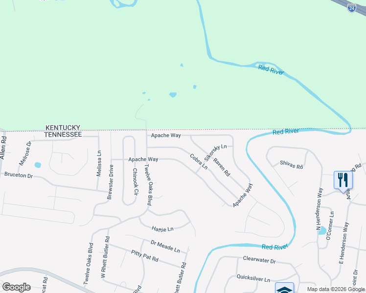 map of restaurants, bars, coffee shops, grocery stores, and more near 1479 Cobra Lane in Clarksville