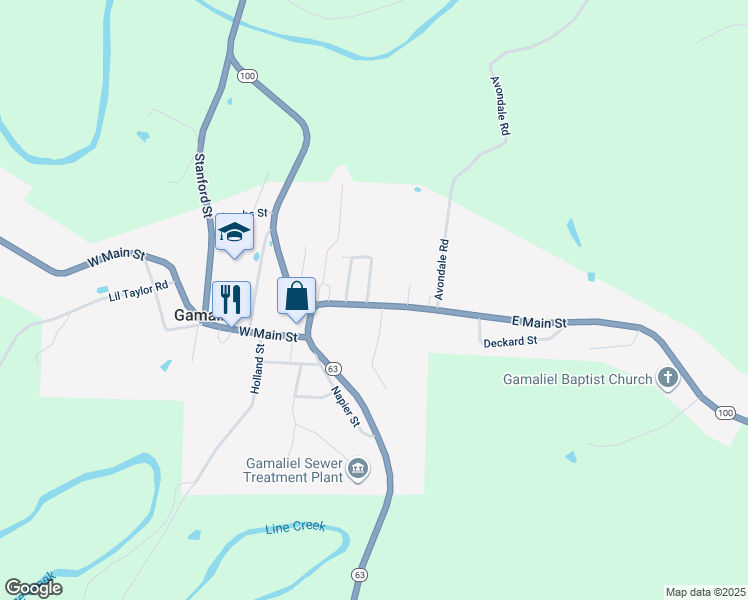map of restaurants, bars, coffee shops, grocery stores, and more near 150 Crowe Avenue in Gamaliel