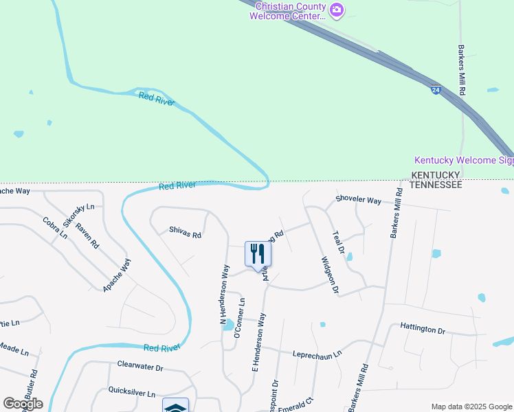 map of restaurants, bars, coffee shops, grocery stores, and more near 3381 North Henderson Way in Clarksville