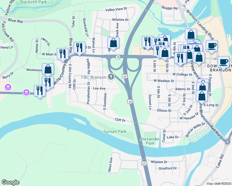 map of restaurants, bars, coffee shops, grocery stores, and more near 820 Lee Avenue in Branson