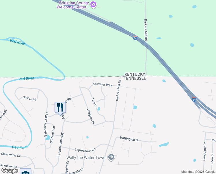 map of restaurants, bars, coffee shops, grocery stores, and more near 2412 Shoveler Way in Clarksville