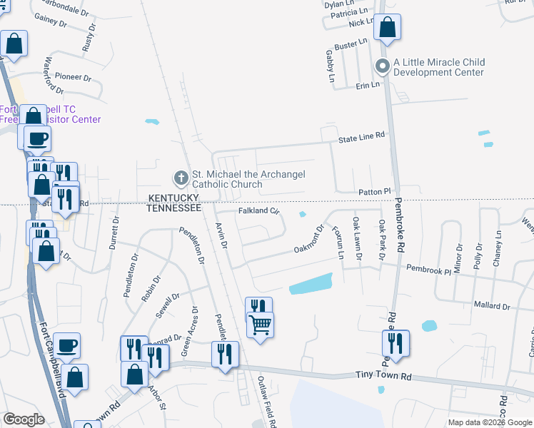 map of restaurants, bars, coffee shops, grocery stores, and more near 549 Falkland Circle in Clarksville