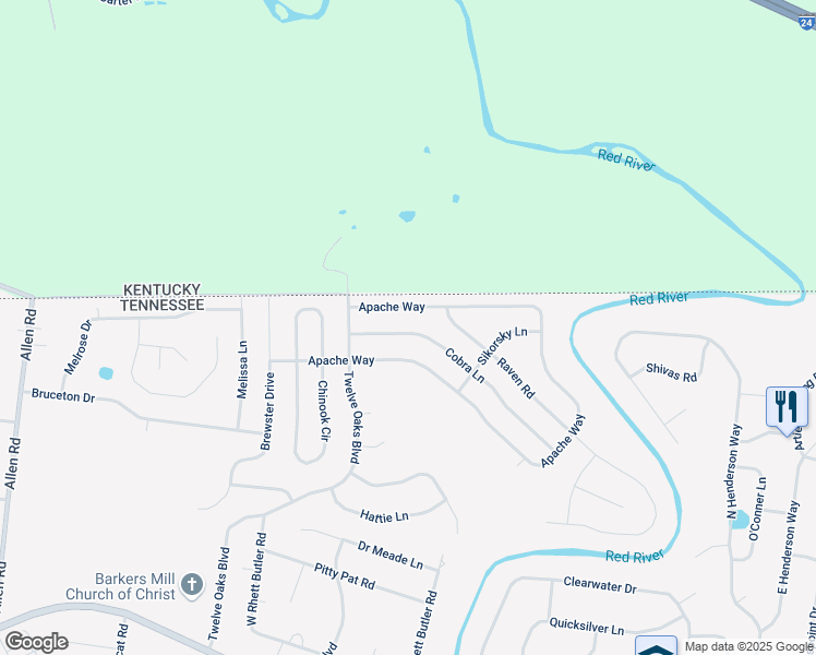 map of restaurants, bars, coffee shops, grocery stores, and more near 1463 Cobra Lane in Clarksville