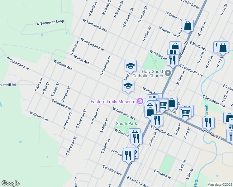map of restaurants, bars, coffee shops, grocery stores, and more near 107 South Miller Street in Vinita