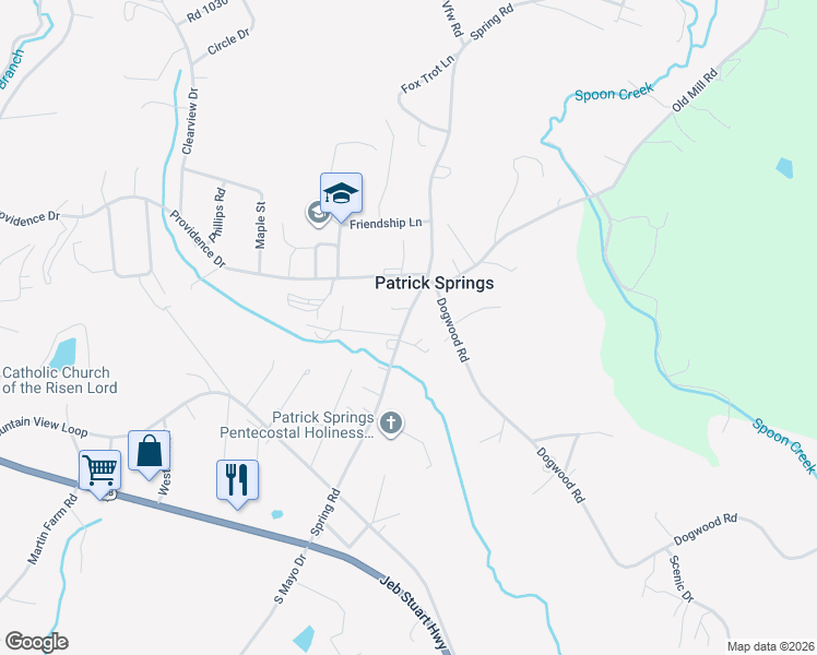 map of restaurants, bars, coffee shops, grocery stores, and more near 300-432 Spring Road in Patrick Springs