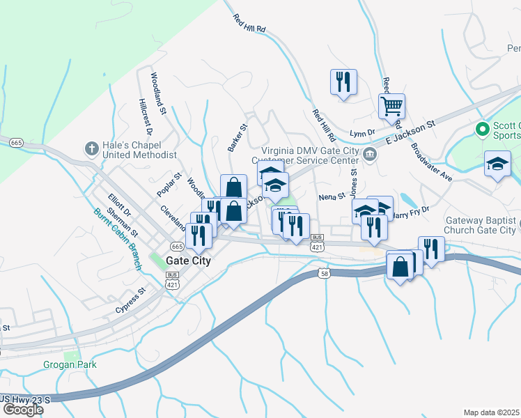 map of restaurants, bars, coffee shops, grocery stores, and more near 110 Moore Street in Gate City